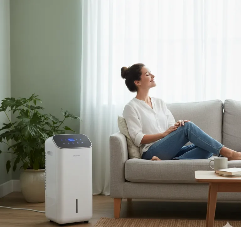 Mulher em sala confortável com climatizador ligado, melhor climatizador de ar
