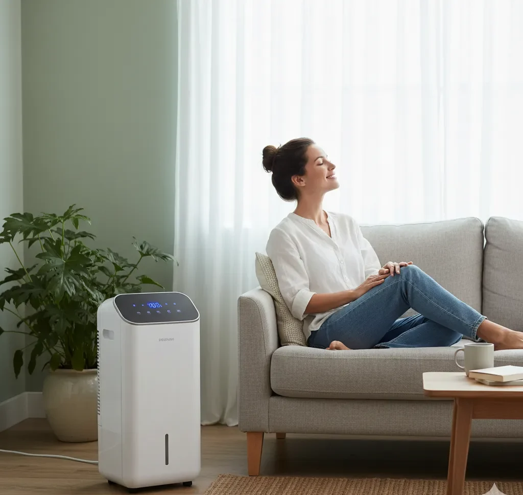 Mulher em sala confortável com climatizador ligado, melhor climatizador de ar